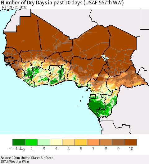 Western Africa Number of Dry Days in past 10 days (USAF 557th WW) Thematic Map For 3/21/2022 - 3/25/2022