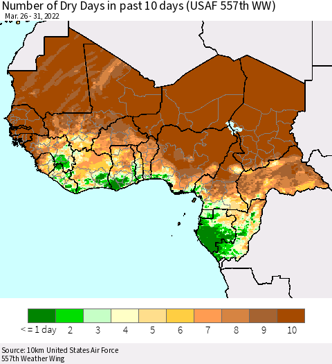 Western Africa Number of Dry Days in past 10 days (USAF 557th WW) Thematic Map For 3/26/2022 - 3/31/2022