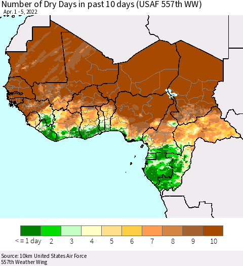 Western Africa Number of Dry Days in past 10 days (USAF 557th WW) Thematic Map For 4/1/2022 - 4/5/2022