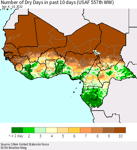 Western Africa Number of Dry Days in past 10 days (USAF 557th WW) Thematic Map For 4/6/2022 - 4/10/2022