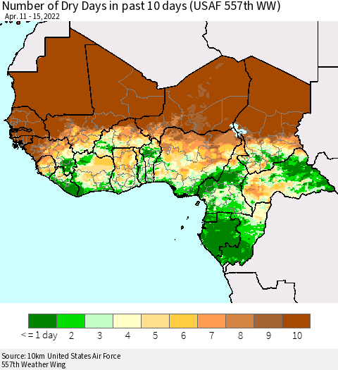 Western Africa Number of Dry Days in past 10 days (USAF 557th WW) Thematic Map For 4/11/2022 - 4/15/2022