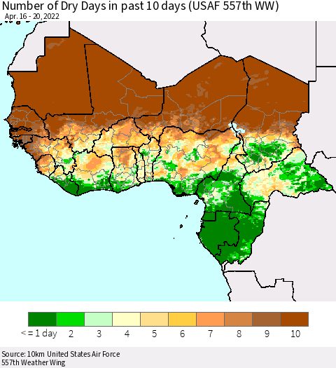 Western Africa Number of Dry Days in past 10 days (USAF 557th WW) Thematic Map For 4/16/2022 - 4/20/2022