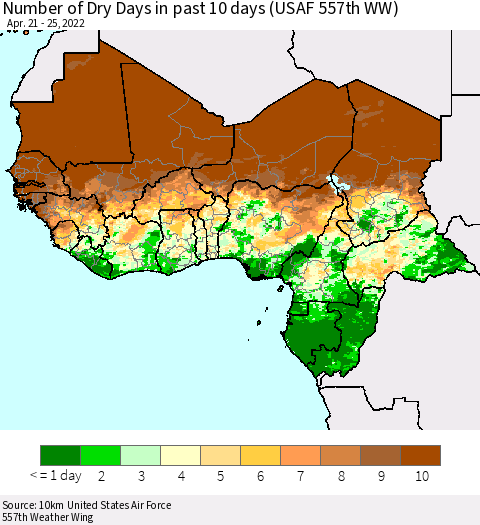 Western Africa Number of Dry Days in past 10 days (USAF 557th WW) Thematic Map For 4/21/2022 - 4/25/2022