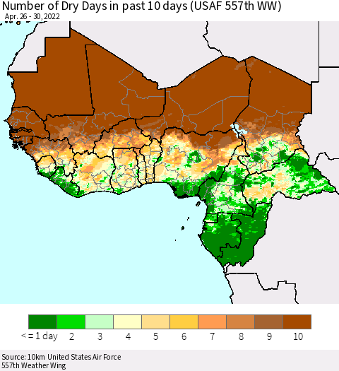 Western Africa Number of Dry Days in past 10 days (USAF 557th WW) Thematic Map For 4/26/2022 - 4/30/2022