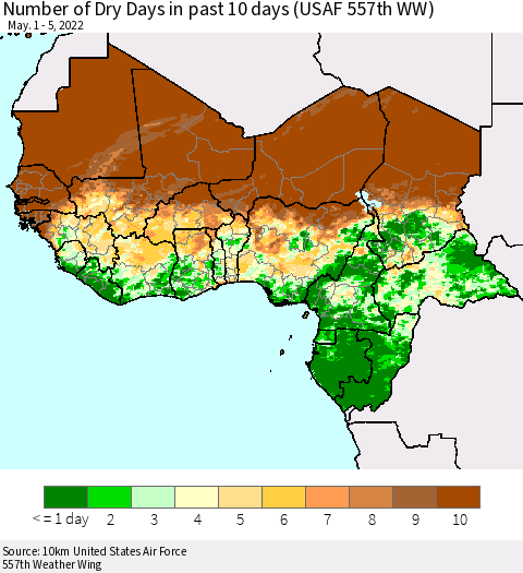 Western Africa Number of Dry Days in past 10 days (USAF 557th WW) Thematic Map For 5/1/2022 - 5/5/2022