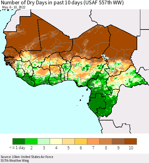 Western Africa Number of Dry Days in past 10 days (USAF 557th WW) Thematic Map For 5/6/2022 - 5/10/2022