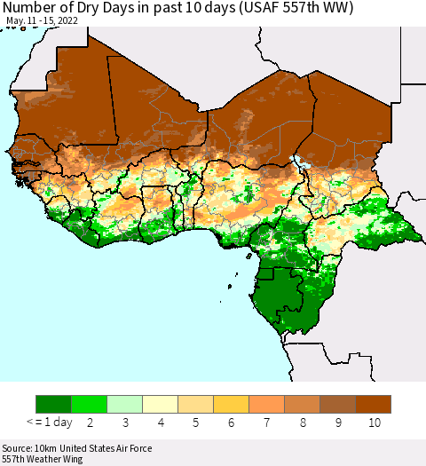 Western Africa Number of Dry Days in past 10 days (USAF 557th WW) Thematic Map For 5/11/2022 - 5/15/2022