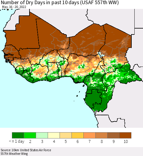 Western Africa Number of Dry Days in past 10 days (USAF 557th WW) Thematic Map For 5/16/2022 - 5/20/2022