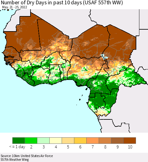 Western Africa Number of Dry Days in past 10 days (USAF 557th WW) Thematic Map For 5/21/2022 - 5/25/2022