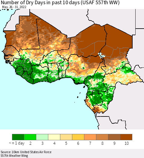 Western Africa Number of Dry Days in past 10 days (USAF 557th WW) Thematic Map For 5/26/2022 - 5/31/2022