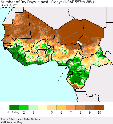Western Africa Number of Dry Days in past 10 days (USAF 557th WW) Thematic Map For 6/1/2022 - 6/5/2022