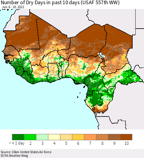 Western Africa Number of Dry Days in past 10 days (USAF 557th WW) Thematic Map For 6/6/2022 - 6/10/2022