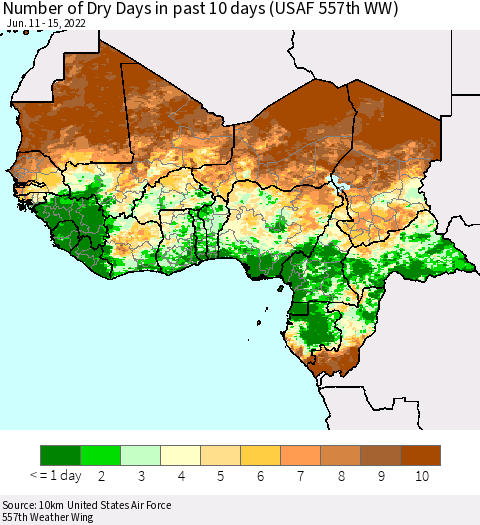 Western Africa Number of Dry Days in past 10 days (USAF 557th WW) Thematic Map For 6/11/2022 - 6/15/2022