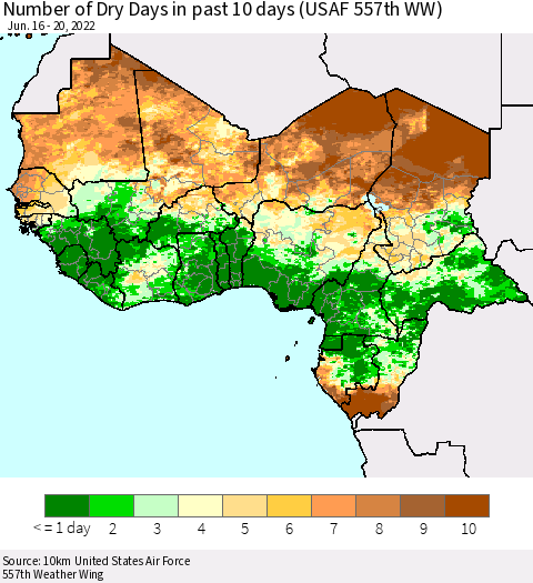 Western Africa Number of Dry Days in past 10 days (USAF 557th WW) Thematic Map For 6/16/2022 - 6/20/2022