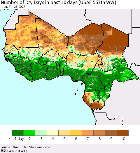 Western Africa Number of Dry Days in past 10 days (USAF 557th WW) Thematic Map For 6/21/2022 - 6/25/2022