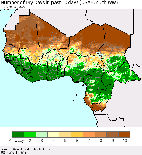 Western Africa Number of Dry Days in past 10 days (USAF 557th WW) Thematic Map For 6/26/2022 - 6/30/2022