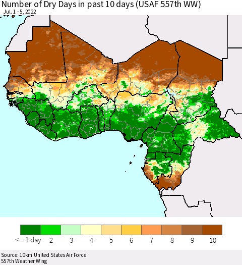 Western Africa Number of Dry Days in past 10 days (USAF 557th WW) Thematic Map For 7/1/2022 - 7/5/2022