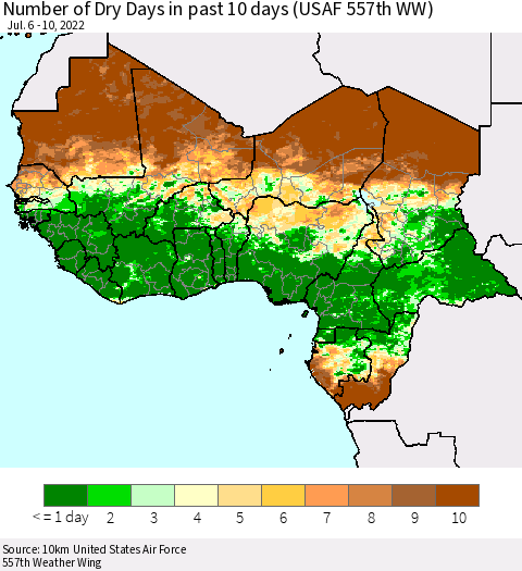 Western Africa Number of Dry Days in past 10 days (USAF 557th WW) Thematic Map For 7/6/2022 - 7/10/2022