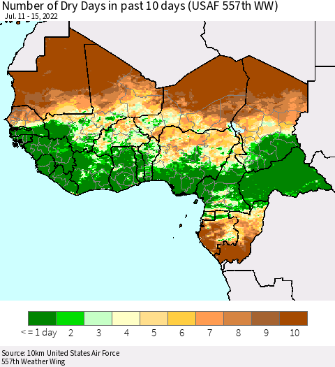Western Africa Number of Dry Days in past 10 days (USAF 557th WW) Thematic Map For 7/11/2022 - 7/15/2022