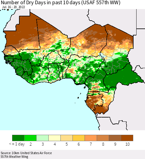Western Africa Number of Dry Days in past 10 days (USAF 557th WW) Thematic Map For 7/16/2022 - 7/20/2022
