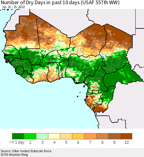Western Africa Number of Dry Days in past 10 days (USAF 557th WW) Thematic Map For 7/21/2022 - 7/25/2022
