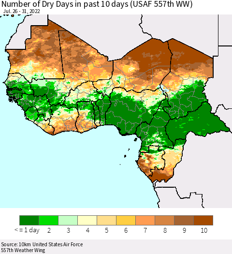 Western Africa Number of Dry Days in past 10 days (USAF 557th WW) Thematic Map For 7/26/2022 - 7/31/2022