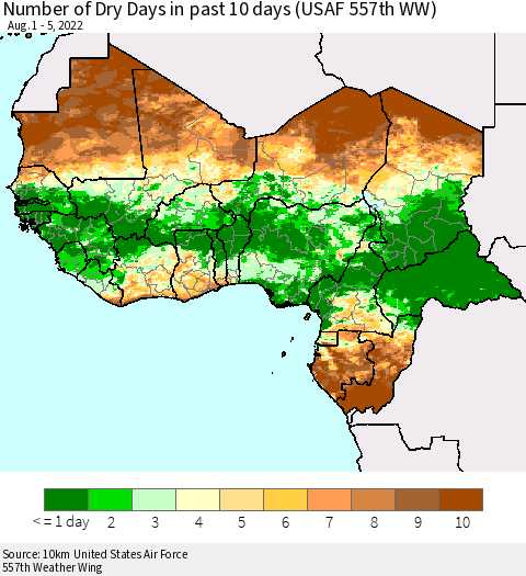 Western Africa Number of Dry Days in past 10 days (USAF 557th WW) Thematic Map For 8/1/2022 - 8/5/2022