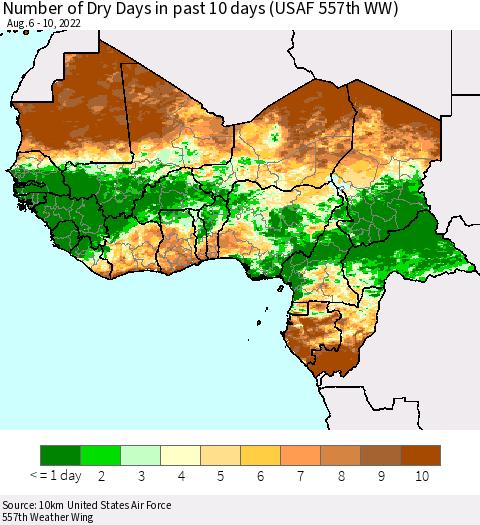 Western Africa Number of Dry Days in past 10 days (USAF 557th WW) Thematic Map For 8/6/2022 - 8/10/2022