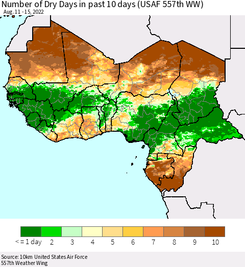 Western Africa Number of Dry Days in past 10 days (USAF 557th WW) Thematic Map For 8/11/2022 - 8/15/2022