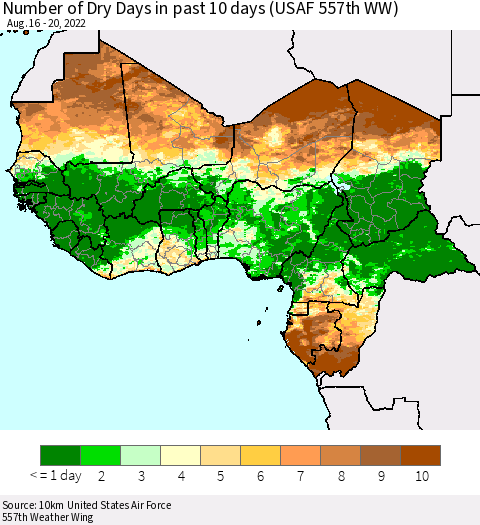 Western Africa Number of Dry Days in past 10 days (USAF 557th WW) Thematic Map For 8/16/2022 - 8/20/2022