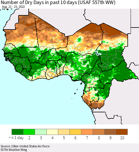 Western Africa Number of Dry Days in past 10 days (USAF 557th WW) Thematic Map For 8/21/2022 - 8/25/2022