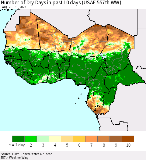 Western Africa Number of Dry Days in past 10 days (USAF 557th WW) Thematic Map For 8/26/2022 - 8/31/2022