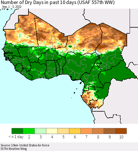 Western Africa Number of Dry Days in past 10 days (USAF 557th WW) Thematic Map For 9/1/2022 - 9/5/2022