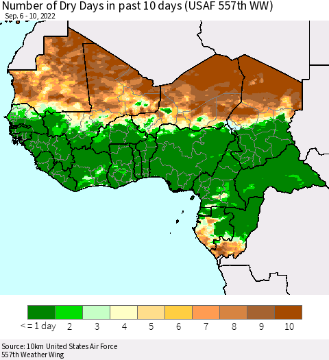 Western Africa Number of Dry Days in past 10 days (USAF 557th WW) Thematic Map For 9/6/2022 - 9/10/2022