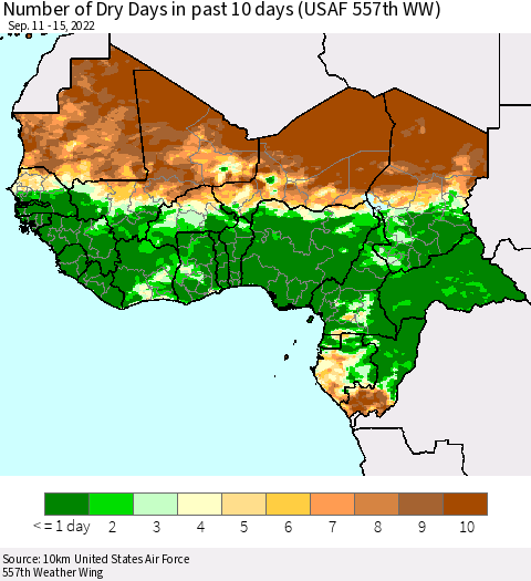 Western Africa Number of Dry Days in past 10 days (USAF 557th WW) Thematic Map For 9/11/2022 - 9/15/2022