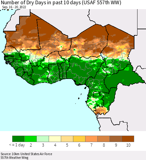 Western Africa Number of Dry Days in past 10 days (USAF 557th WW) Thematic Map For 9/16/2022 - 9/20/2022