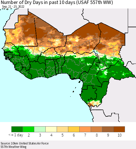 Western Africa Number of Dry Days in past 10 days (USAF 557th WW) Thematic Map For 9/21/2022 - 9/25/2022