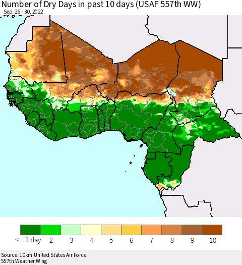 Western Africa Number of Dry Days in past 10 days (USAF 557th WW) Thematic Map For 9/26/2022 - 9/30/2022