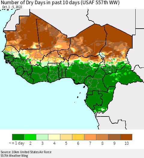 Western Africa Number of Dry Days in past 10 days (USAF 557th WW) Thematic Map For 10/1/2022 - 10/5/2022