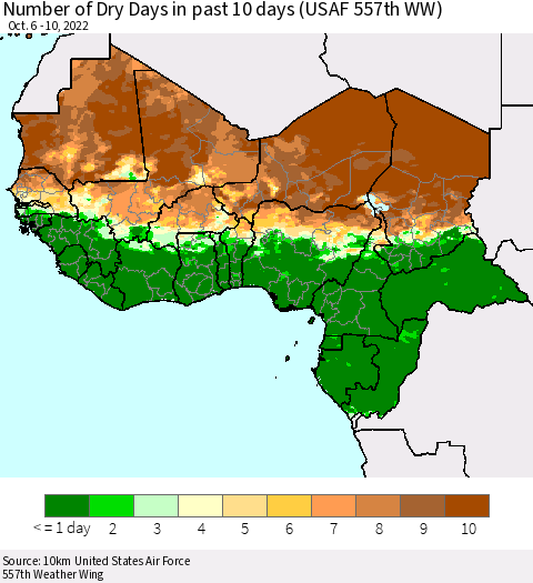 Western Africa Number of Dry Days in past 10 days (USAF 557th WW) Thematic Map For 10/6/2022 - 10/10/2022