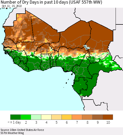 Western Africa Number of Dry Days in past 10 days (USAF 557th WW) Thematic Map For 10/11/2022 - 10/15/2022