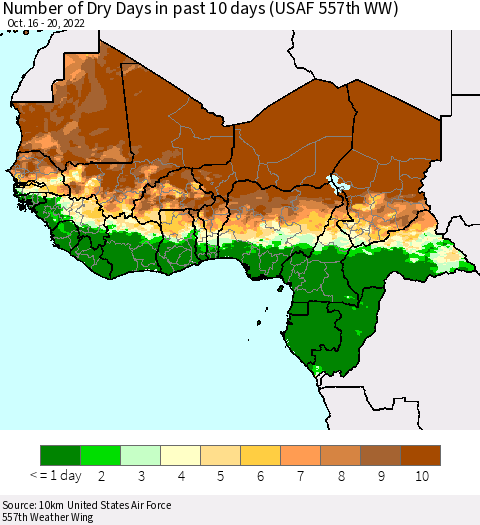 Western Africa Number of Dry Days in past 10 days (USAF 557th WW) Thematic Map For 10/16/2022 - 10/20/2022