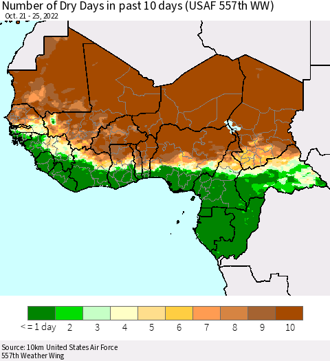 Western Africa Number of Dry Days in past 10 days (USAF 557th WW) Thematic Map For 10/21/2022 - 10/25/2022