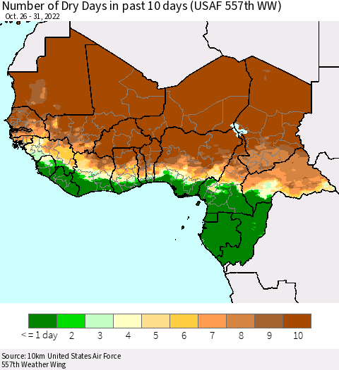 Western Africa Number of Dry Days in past 10 days (USAF 557th WW) Thematic Map For 10/26/2022 - 10/31/2022