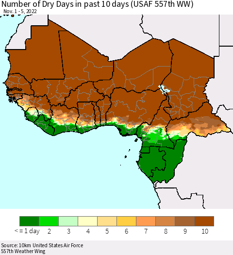 Western Africa Number of Dry Days in past 10 days (USAF 557th WW) Thematic Map For 11/1/2022 - 11/5/2022