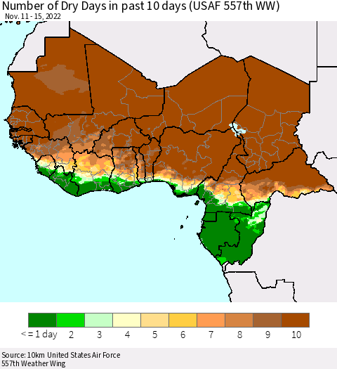 Western Africa Number of Dry Days in past 10 days (USAF 557th WW) Thematic Map For 11/11/2022 - 11/15/2022