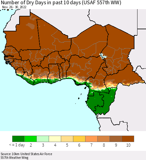 Western Africa Number of Dry Days in past 10 days (USAF 557th WW) Thematic Map For 11/26/2022 - 11/30/2022