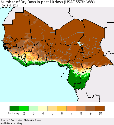 Western Africa Number of Dry Days in past 10 days (USAF 557th WW) Thematic Map For 12/1/2022 - 12/5/2022