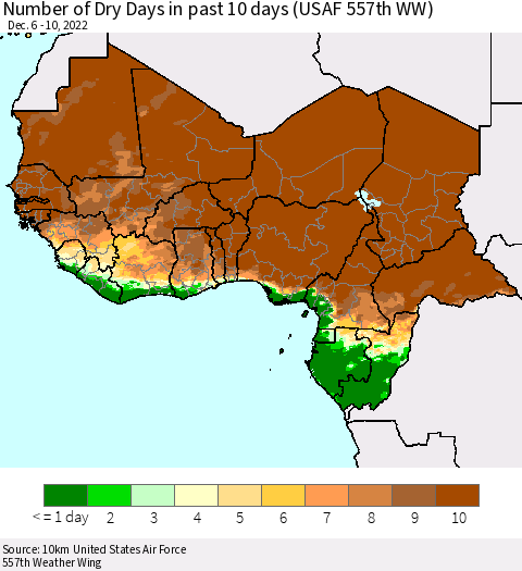 Western Africa Number of Dry Days in past 10 days (USAF 557th WW) Thematic Map For 12/6/2022 - 12/10/2022