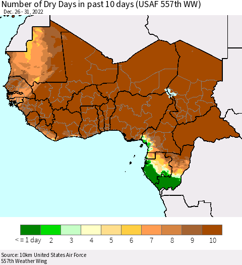 Western Africa Number of Dry Days in past 10 days (USAF 557th WW) Thematic Map For 12/26/2022 - 12/31/2022